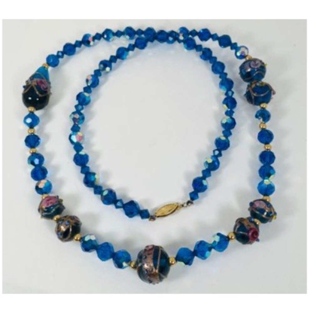 Vtg Venetian Wedding‎ Cake Necklace Blue Pink Gold Glass 27" Faceted Beads
